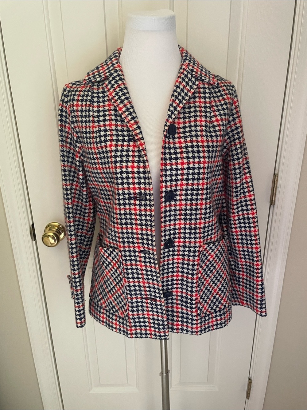 Vintage 1970s Dutchmaid Houndstooth Blazer Jacket - Red, Navy & White
